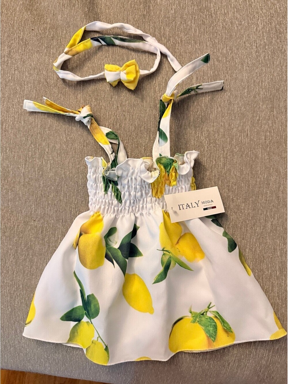 ITALY MODA Positano Italy Lemon Baby Dress + Matching Hair Bow 6–9M NWT